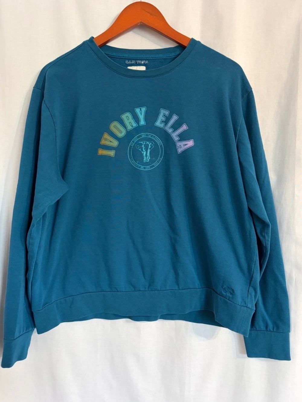 Ivory Ella Women's Small Teal Blue Sweatshirt Rainbow Graphic Elephant Crewneck